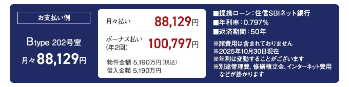 お支払例　月々88129円、ボーナス払い100797円