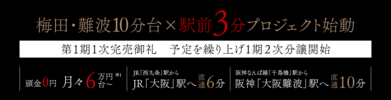 梅田・難波10分台×駅前3分プロジェクト始動　第1期1次完売御礼　1期2次分譲開始、南東向き　2LDK　月々6万円台〜　4400万円台〜、JR西九条駅からJR大阪駅へ直通6分、阪神なんば線千鳥橋駅から阪神大阪難波駅へ直通10分、此花区初　ZEH-M Ready 取得