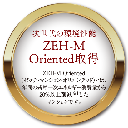 次世代の環境性能 ZEH-M Oriented取得 ZEH-M Oriented（ゼッチ・マンション・オリエンテッド）とは、年間の基準一次エネルギー消費量から20％以上削減したマンションです。