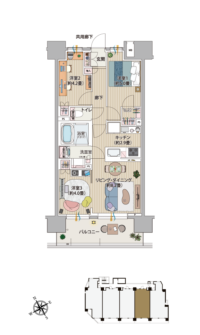 Bタイプ　3LDK+WIC 54.76㎡ 家具配置間取り