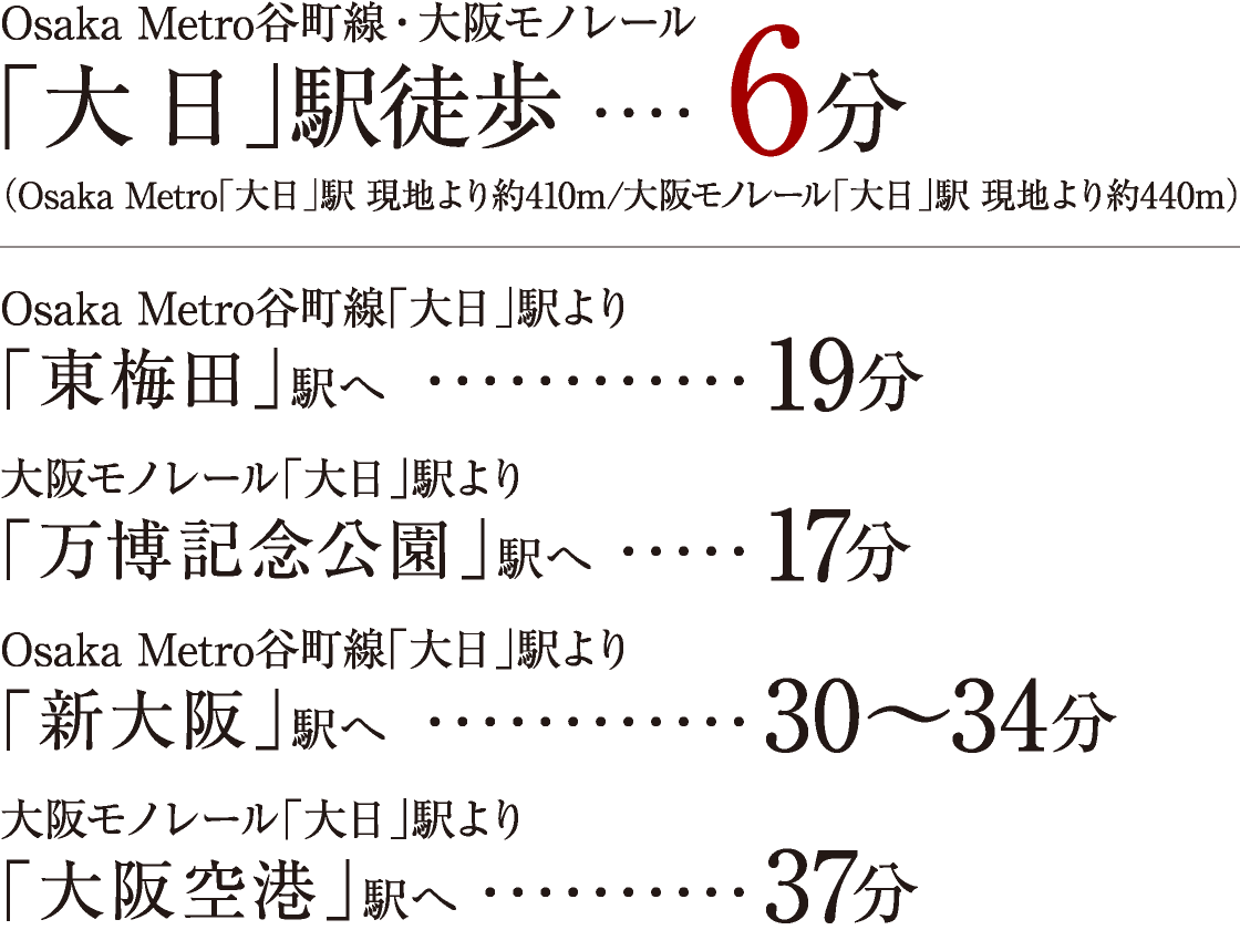 Osaka Metro谷町線・大阪モノレール｢大日｣駅徒歩6分、東梅田駅へ19分、万博記念公園駅へ17分、新大阪駅へ30〜34分、大阪空港駅へ37分