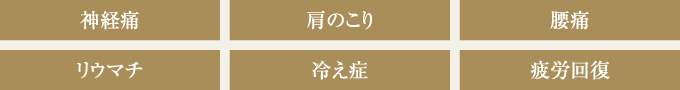 神経痛、肩のこり、腰痛、リウマチ、冷え症、疲労回復