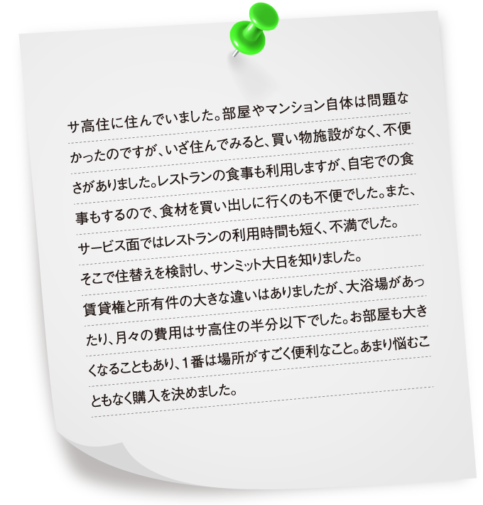 サ高住に住んでいました。部屋やマンション自体は問題なかったのですが、いざ住んでみると、買い物施設がなく、不便さがありました。レストランの食事も利用しますが、自宅での食事もするので、食材を買い出しに行くのも不便でした。また、サービス面ではレストランの利用時間も短く、不満でした。そこで住替えを検討し、サンミット大日を知りました。賃貸権と所有件の大きな違いはありましたが、大浴場があったり、月々の費用はサ高住の半分以下でした。お部屋も大きくなることもあり、1番は場所がすごく便利なこと。あまり悩むこともなく購入を決めました。
