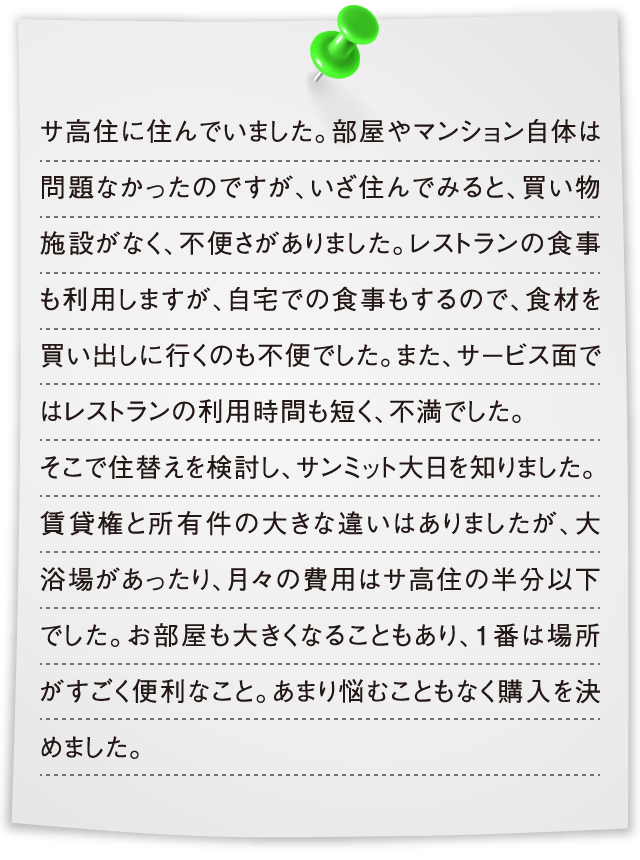 サ高住に住んでいました。部屋やマンション自体は問題なかったのですが、いざ住んでみると、買い物施設がなく、不便さがありました。レストランの食事も利用しますが、自宅での食事もするので、食材を買い出しに行くのも不便でした。また、サービス面ではレストランの利用時間も短く、不満でした。そこで住替えを検討し、サンミット大日を知りました。賃貸権と所有件の大きな違いはありましたが、大浴場があったり、月々の費用はサ高住の半分以下でした。お部屋も大きくなることもあり、1番は場所がすごく便利なこと。あまり悩むこともなく購入を決めました。