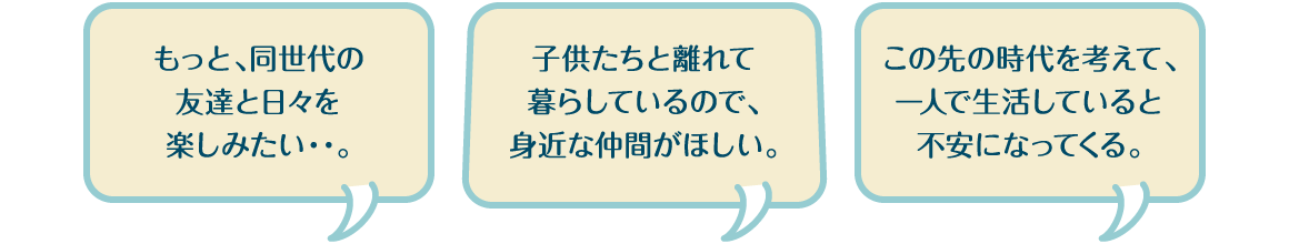 もっと、同世代の友達と日々を楽しみたい・・。子供たちと離れて暮らしているので、身近な仲間がほしい。この先の時代を考えて、一人で生活していると不安になってくる。