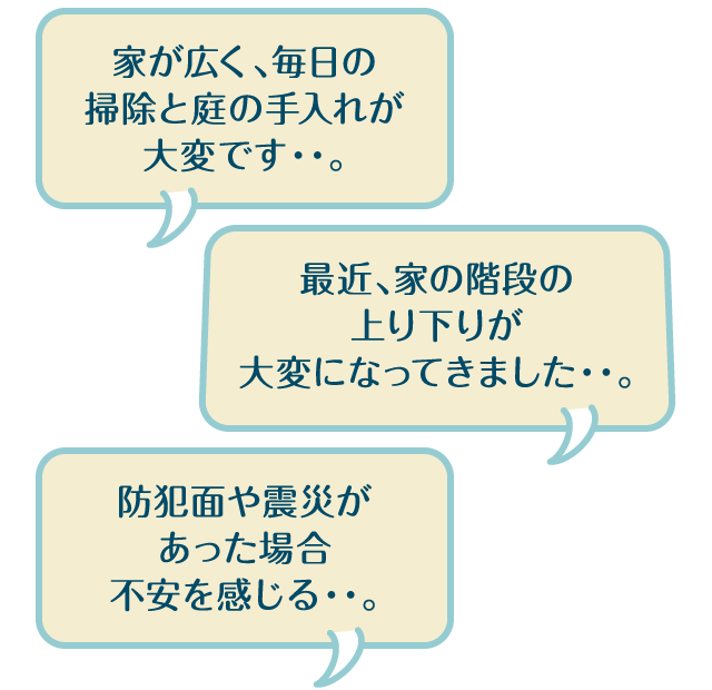 家が広く、毎日の掃除と庭の手入れが大変です・・。最近、家の階段の上り下りが大変になってきました・・。防犯面や震災があった場合不安を感じる・・。