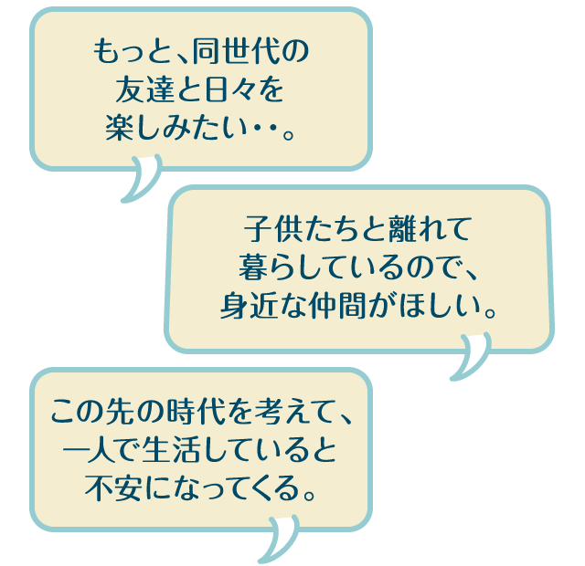 もっと、同世代の友達と日々を楽しみたい・・。子供たちと離れて暮らしているので、身近な仲間がほしい。この先の時代を考えて、一人で生活していると不安になってくる。