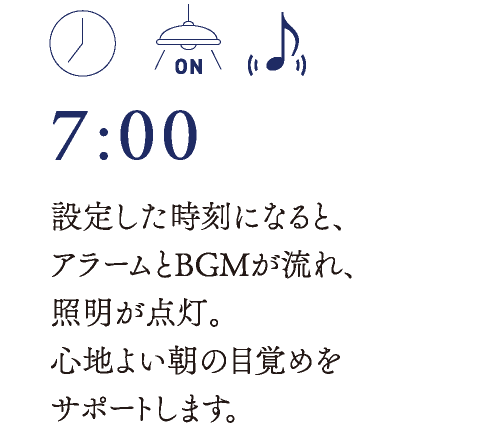 7:00　設定した時刻になると、アラームとBGMが流れ、照明が点灯。心地よい朝の目覚めをサポートします。