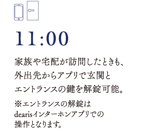 11:00　家族や宅配が訪問したときも、外出先からアプリで玄関とエントランスの鍵を解錠可能。※エントランスの解錠はdearisインターホンアプリでの操作となります。