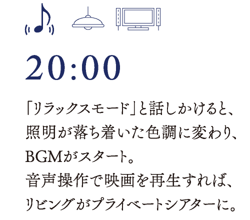 20:00　「リラックスモード」と話しかけると、照明が落ち着いた色調に変わり、BGMがスタート。音声操作で映画を再生すれば、リビングがプライベートシアターに。