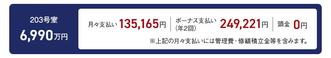 203号室　6990万円　月々支払135,165円　ボーナス払い（年2回）249,221円、頭金0円