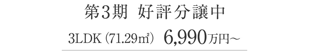 第三期好評分譲中　2LDK　59.15㎡　5300万円〜、3LDK　71.29㎡　6990万円〜