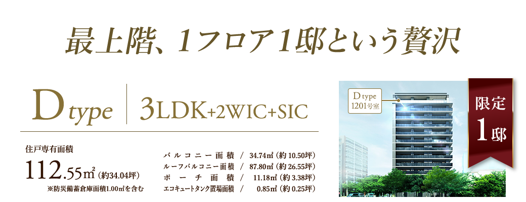 最上階、１フロア１邸という贅沢／Dtype　1201号室　3LDK+2WIC+SIC