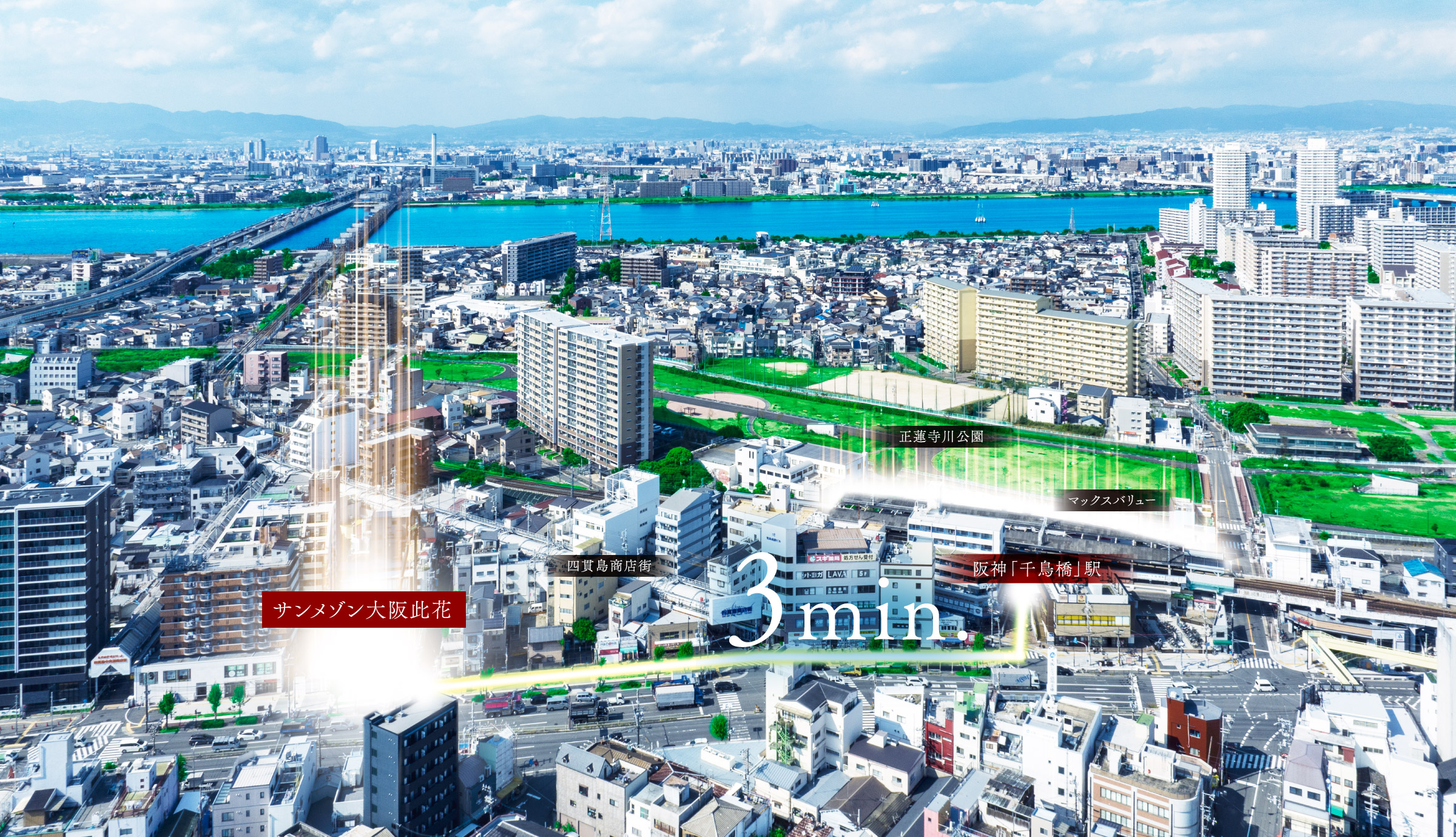 サンメゾン大阪此花　阪神千鳥橋駅　徒歩３分、四貫島商店街、正蓮寺川公園、マックスバリュ