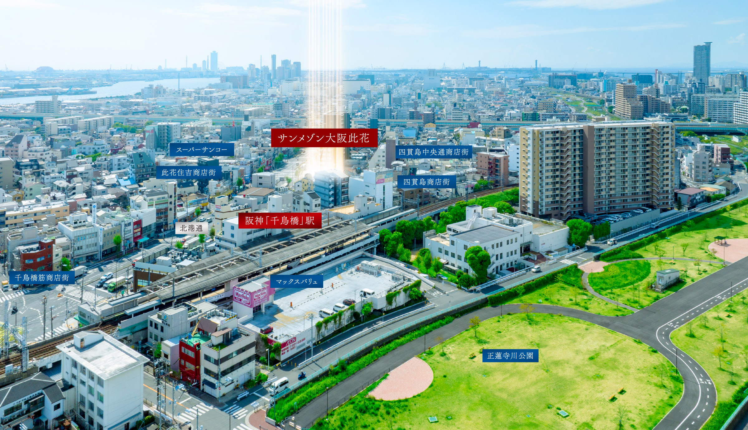 サンメゾン大阪此花　阪神千鳥橋駅、四貫島商店街、正蓮寺川公園、マックスバリュ、スーパーサンコー、此花住吉商店街