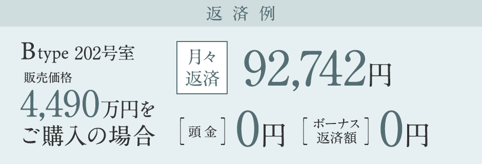 返済例　Bタイプ　202号室　4490万円をご購入の場合　月々返済92742円　頭金0円、ボーナス返済額0円
