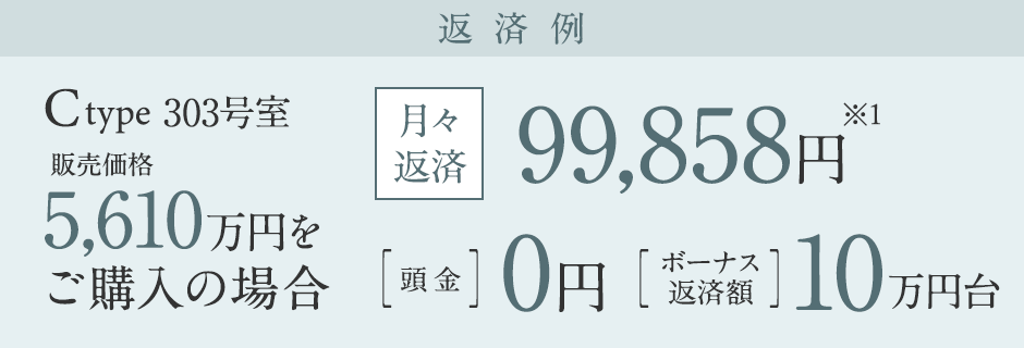 返済例　Cタイプ　303号室　5610万円をご購入の場合　月々返済99858円　頭金0円、ボーナス返済額10万円