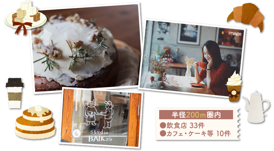半径200ｍ圏内 ●飲食店 33件 ●カフェ・ケーキ等 10件
