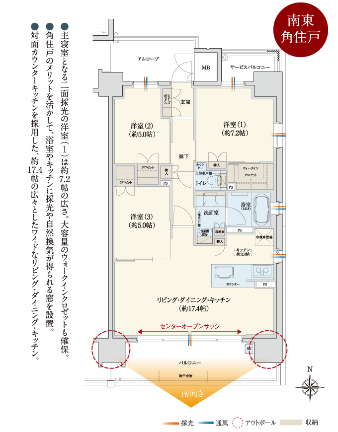 Atype 3LDK 76.24㎡ ●主寝室となる二面採光の洋室（1）は約7.2帖の広さ。大容量のウォークインクロゼットも確保。●角住戸のメリットを活かして、浴室やキッチンに採光や自然換気が得られる窓を設置。●対面カウンターキッチンを採用した、約17.4帖の広々としたワイドなリビング・ダイニング・キッチン。
