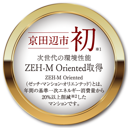 京田辺市初 次世代の環境性能 ZEH-M Oriented取得 ZEH-M Oriented（ゼッチ・マンション・オリエンテッド）とは、年間の基準一次エネルギー消費量から20％以上削減したマンションです。