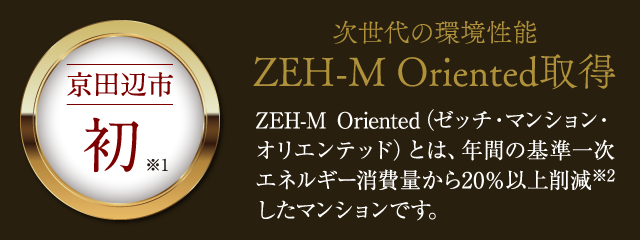 京田辺市初 次世代の環境性能 ZEH-M Oriented取得 ZEH-M Oriented（ゼッチ・マンション・オリエンテッド）とは、年間の基準一次エネルギー消費量から20％以上削減したマンションです。