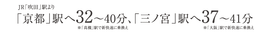 JR「吹田」駅より「京都」駅へ32〜40分※「高槻」駅で新快速に乗換え、「三ノ宮」駅へ37〜41分※「大阪」駅で新快速に乗換え