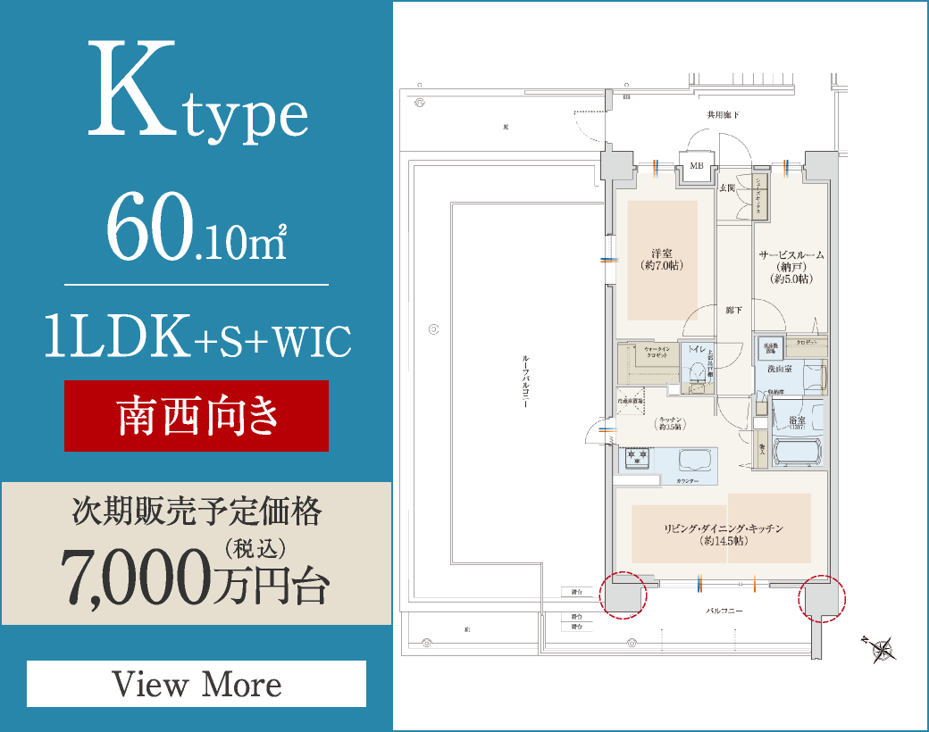 Ktype　60.10㎡／1LDK+S+2WIC　南西向き