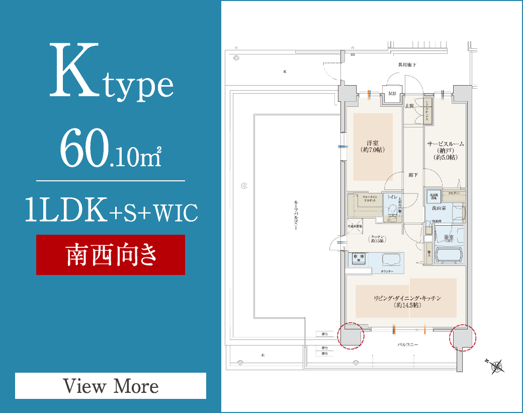Ktype　60.10㎡／1LDK+S+2WIC　南西向き