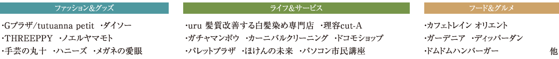 ファッション＆グッズ、ライフ＆サービス、フード＆グルメ　専門店ショップリスト