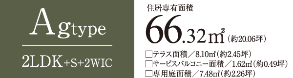 Agtype　2LDK+S+2WIC　住居専有面積66.32㎡