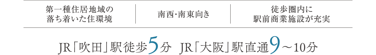 第一種住居地域の落ち着いた住環境／南西・南東向き／徒歩5分圏内に駅前商業施設が充実／JR「吹田」駅徒歩5分　JR「大阪」駅直通9〜10分