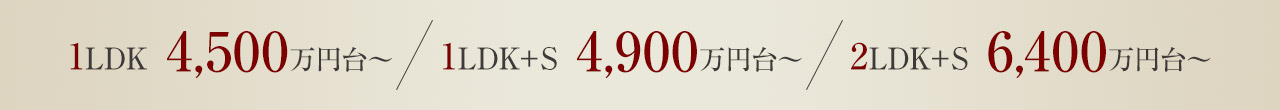 1LDK　4,500万円台～、1LDK＋S（2LDK）　4,900万円台～、2LDK＋S（3LDK）　6,400万円台～