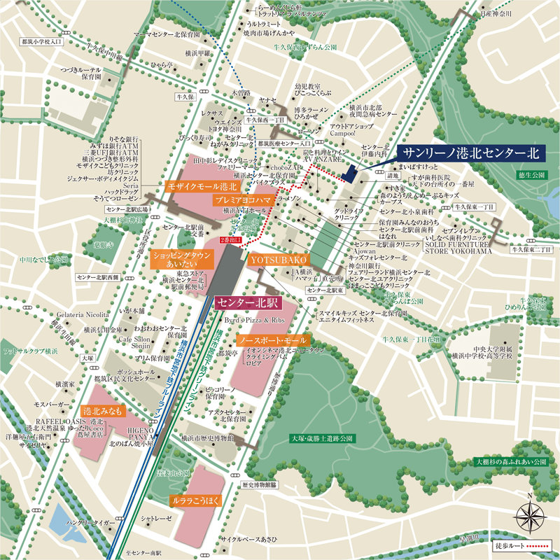 「サンリーノ港北 センター北」は、毎日使うスーパーやドラッグストア、医療機関や金融機関、さらに保育園から中学校までの教育施設も揃い、暮らしの基本がすべて駅前や徒歩圏に整っています。