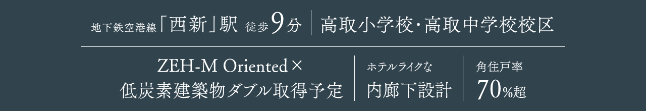 福岡市地下鉄空港線｢西新｣駅　徒歩9分、高取小学校・高取中学校校区、ZEH-M Oriented　低炭素建築物ダブル取得予定、ホテルライクな内廊下設計、角住戸率70％超